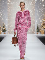 Casual Sporty Retro Pink Velvet Leopard Print Sweatshirt And Wide-Leg Pants Set