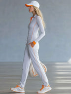 Fashionable Sporty Gray-blue Long-sleeved Half-zip Top And Trousers Set