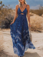 Bohemian Vacation-Style Flowy V-Neck Printed Dark Blue Chiffon Maxi Dress