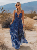 Bohemian Vacation-Style Flowy V-Neck Printed Dark Blue Chiffon Maxi Dress