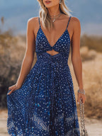 Bohemian Vacation-Style Flowy V-Neck Printed Dark Blue Chiffon Maxi Dress