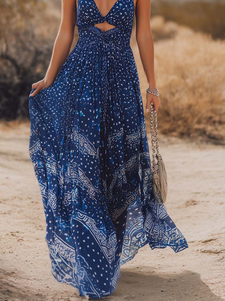 Bohemian Vacation-Style Flowy V-Neck Printed Dark Blue Chiffon Maxi Dress