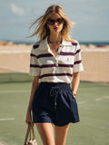 Casual Retro Athletic Striped Polo Shirt And Cotton-Linen Shorts Set