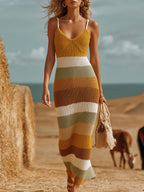 Breathable Vacation V-Neck Striped Contrast Knit Maxi Dress