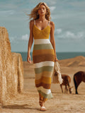 Breathable Vacation V-Neck Striped Contrast Knit Maxi Dress