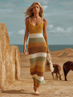 Breathable Vacation V-Neck Striped Contrast Knit Maxi Dress