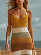 Breathable Vacation V-Neck Striped Contrast Knit Maxi Dress