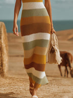 Breathable Vacation V-Neck Striped Contrast Knit Maxi Dress