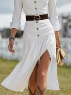 Fashion Casual Button-decorated White Slit Midi Dress